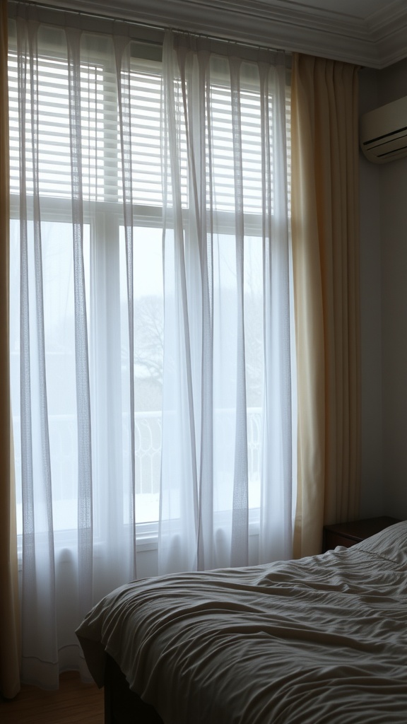 A warm bedroom with layered curtains and a cozy bed.