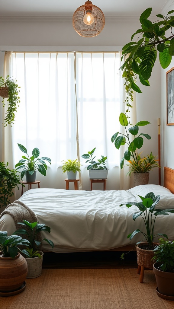 A serene bedroom with a bed and various houseplants, showcasing a calming and natural atmosphere.