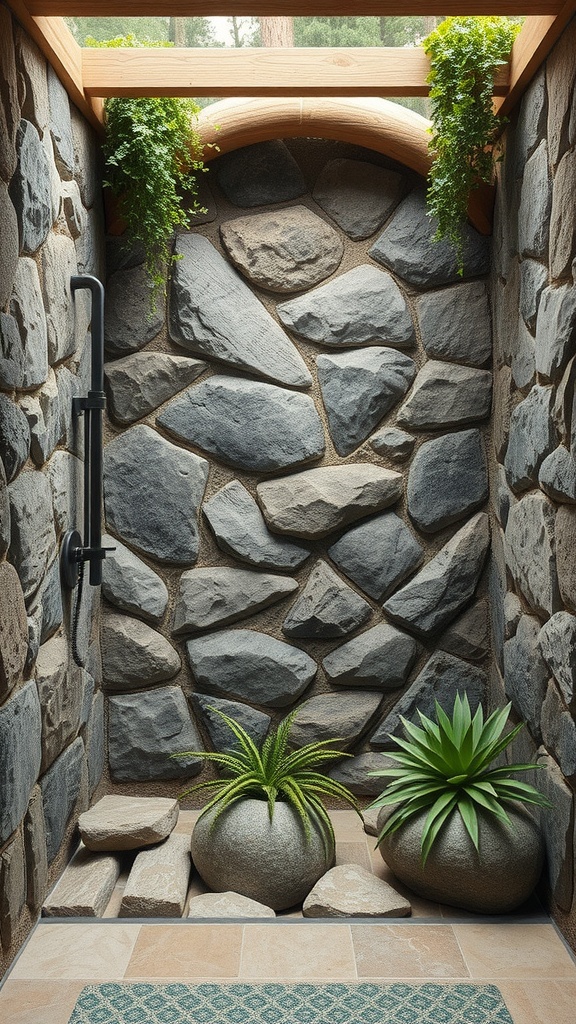 Rustic walk-in shower with stone walls and plants