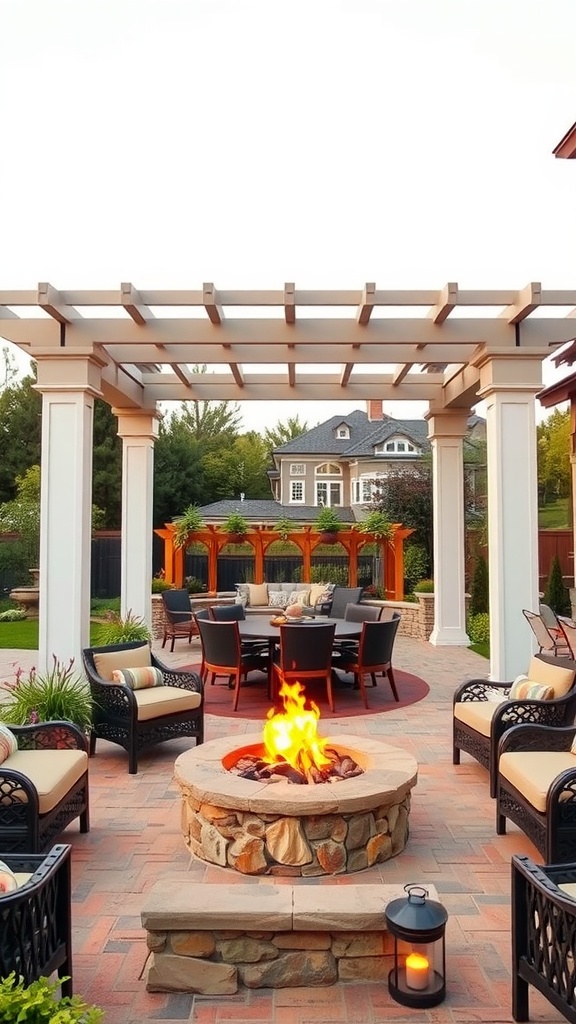 A patio featuring a pergola, fire pit, and seating area