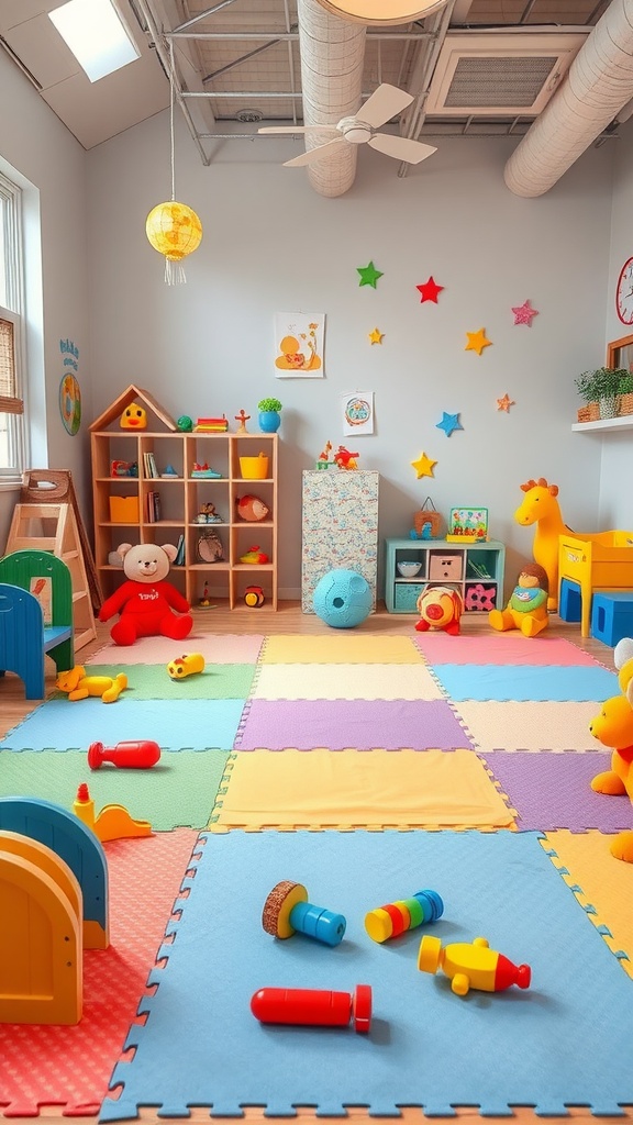 A colorful toddler playroom with soft mats and various toys.