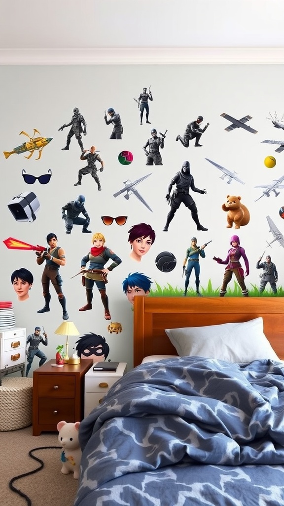 A bedroom with Fortnite wall decals showcasing various characters and items on the wall.