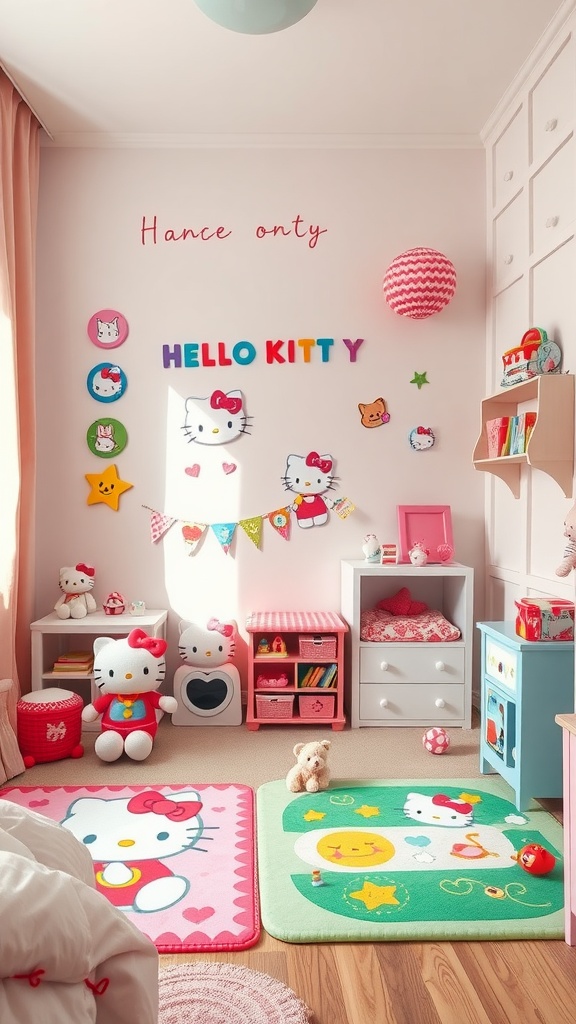 A colorful Hello Kitty themed bedroom with playful decorations, rugs, and storage solutions.