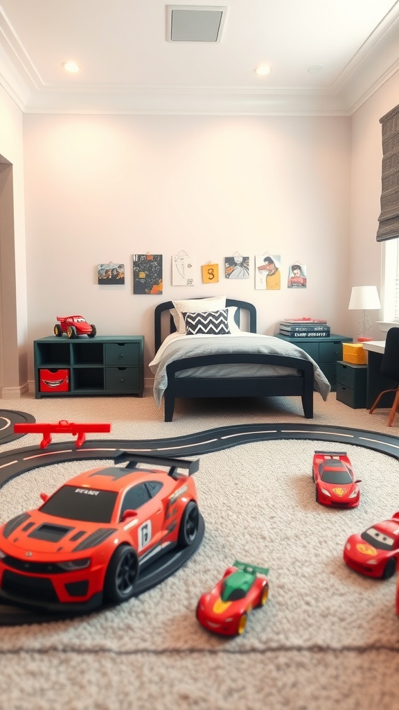 Boys bedroom with car themed play area, featuring a race track and toy cars.