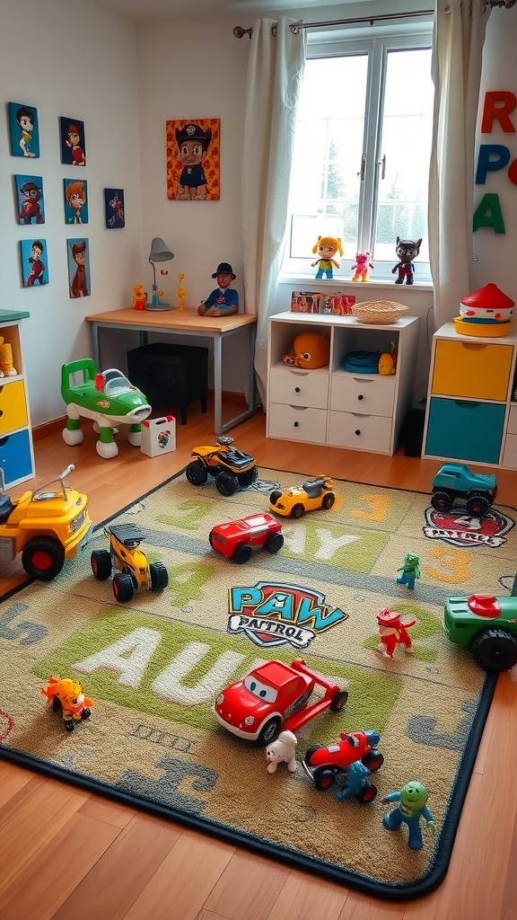 A colorful Paw Patrol rug surrounded by various toys in a child's bedroom