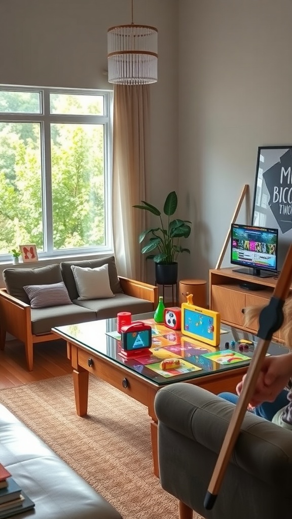 A living room with an interactive play table full of colorful toys, designed for children's play.