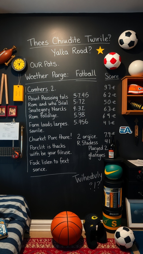 Interactive sports chalkboard filled with scores and playful notes in a boy's sports-themed bedroom.