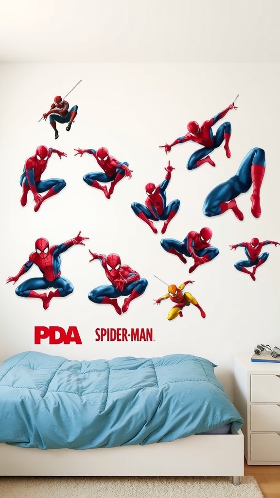 A Spider-Man themed bedroom wall with interactive wall decals featuring multiple poses of Spider-Man.