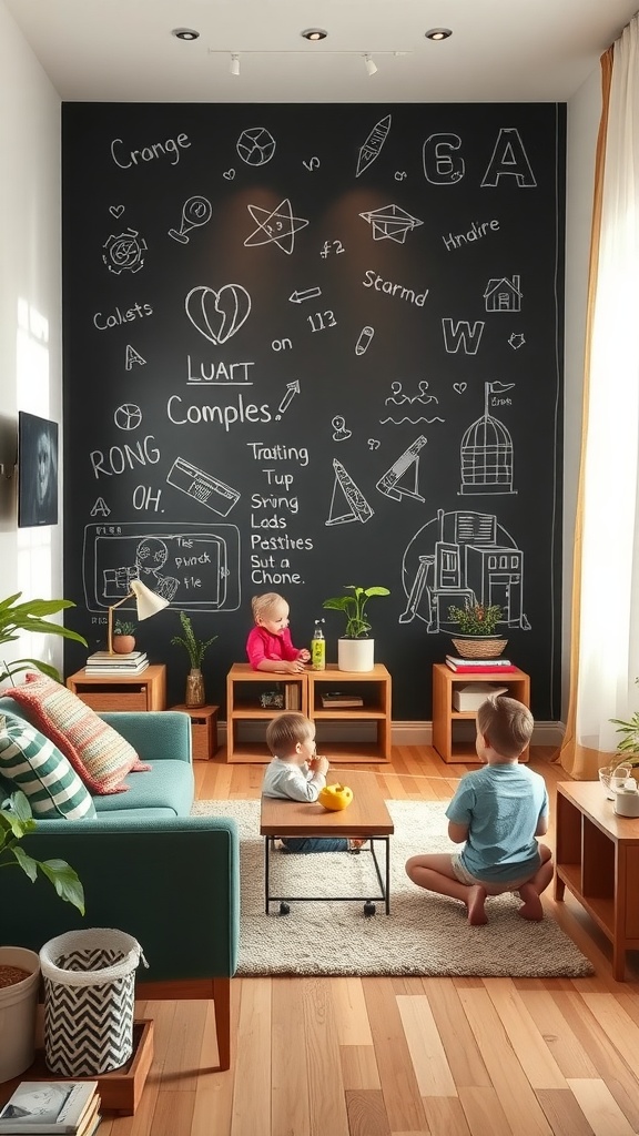 A living room with a black chalkboard wall filled with child-like drawings, two children playing on a rug, and a cozy seating area.