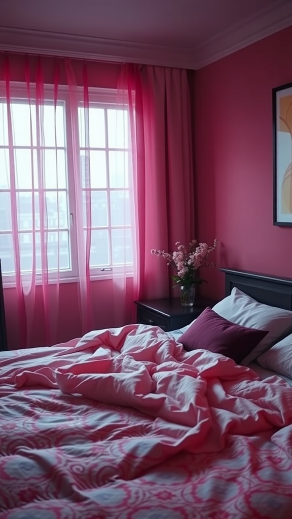 A cozy bedroom with pink walls, flowing curtains, and soft bedding creating a romantic atmosphere.
