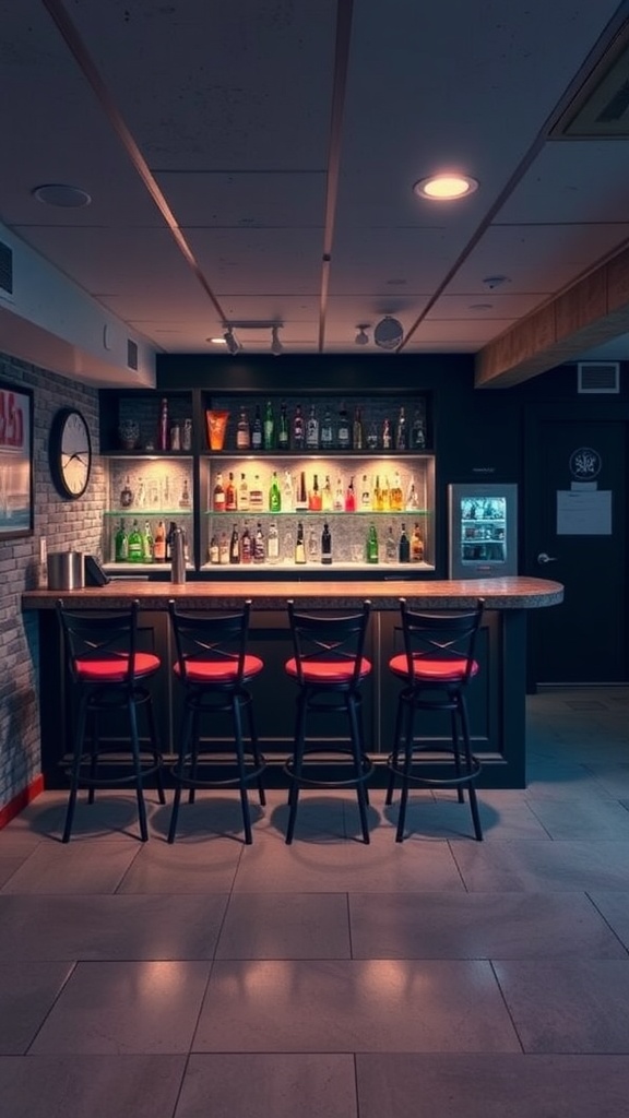 A cozy basement bar area featuring a polished countertop and shelves of liquor bottles, complemented by stylish stools.