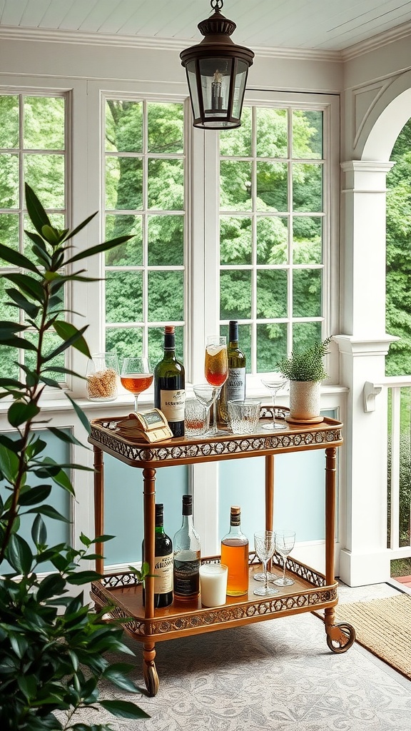 Stylish bar cart setup with a variety of drinks, plants, and a cozy lantern.