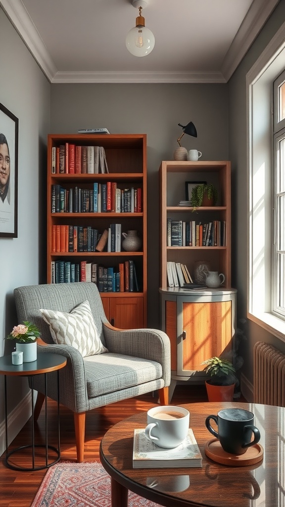 Cozy reading nook with bookshelves, armchair, and coffee cups