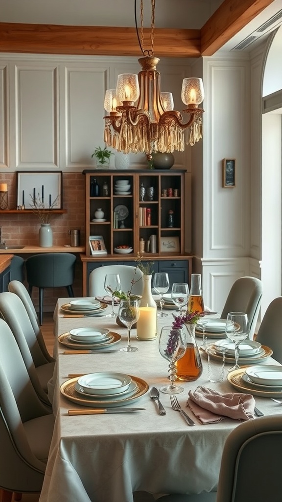 A cozy dining area with a beautifully set table, featuring elegant dishes and a charming chandelier.