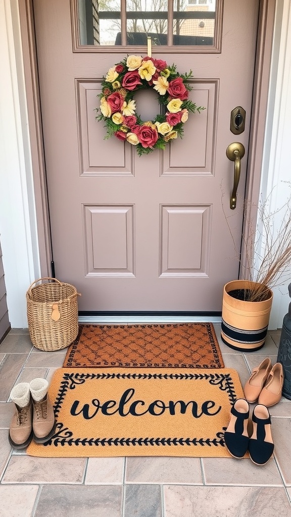 A welcoming entryway featuring a 'welcome' mat, decorative wreath, and shoes.