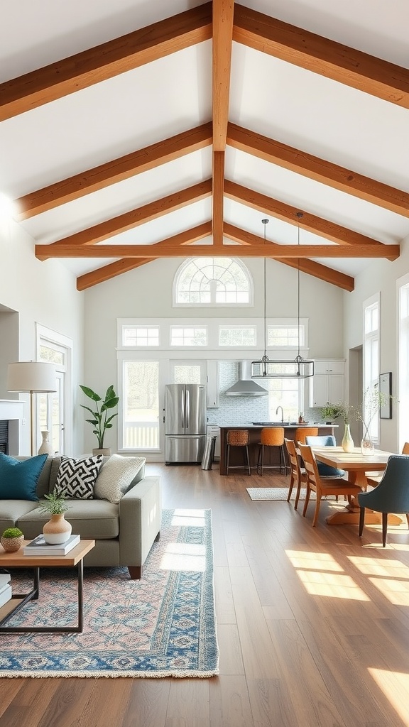 A modern farmhouse living room featuring high ceilings, exposed wooden beams, and an open layout connecting the living area to the dining space and kitchen.