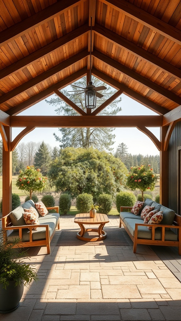 A cozy outdoor living space with wooden beams, seating, and vibrant greenery.