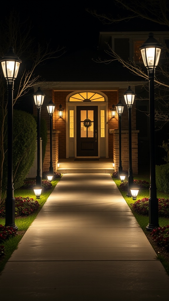 A beautifully lit pathway with lamp posts leading to a welcoming front door.
