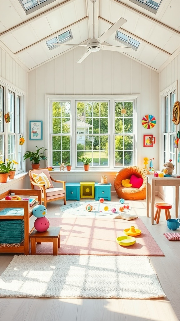 A colorful sunroom designed as a playroom for kids, featuring toys, bright furniture, and large windows.