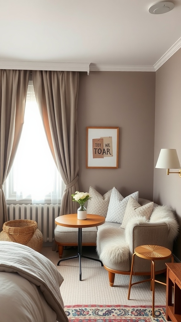 Cozy seating nook in a bedroom with a soft sofa, pillows, a small table, and natural light.