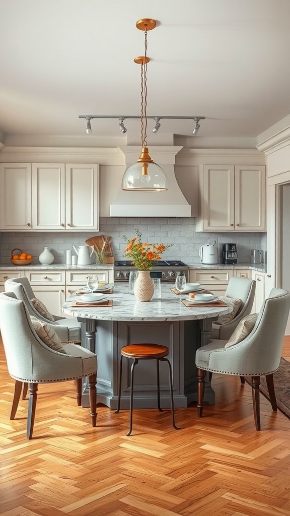 A cozy kitchen island setup with plush seating, a marble top, and warm lighting.