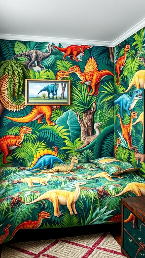Dinosaur-themed bedroom with Jurassic jungle wallpaper and dinosaur bedding