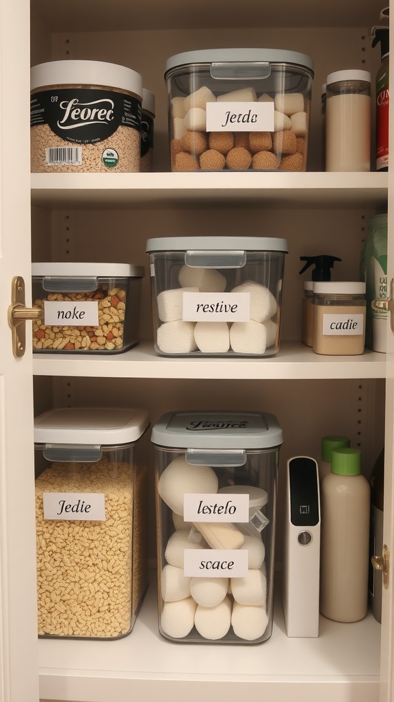 Organized bathroom closet with labeled containers for easy identification