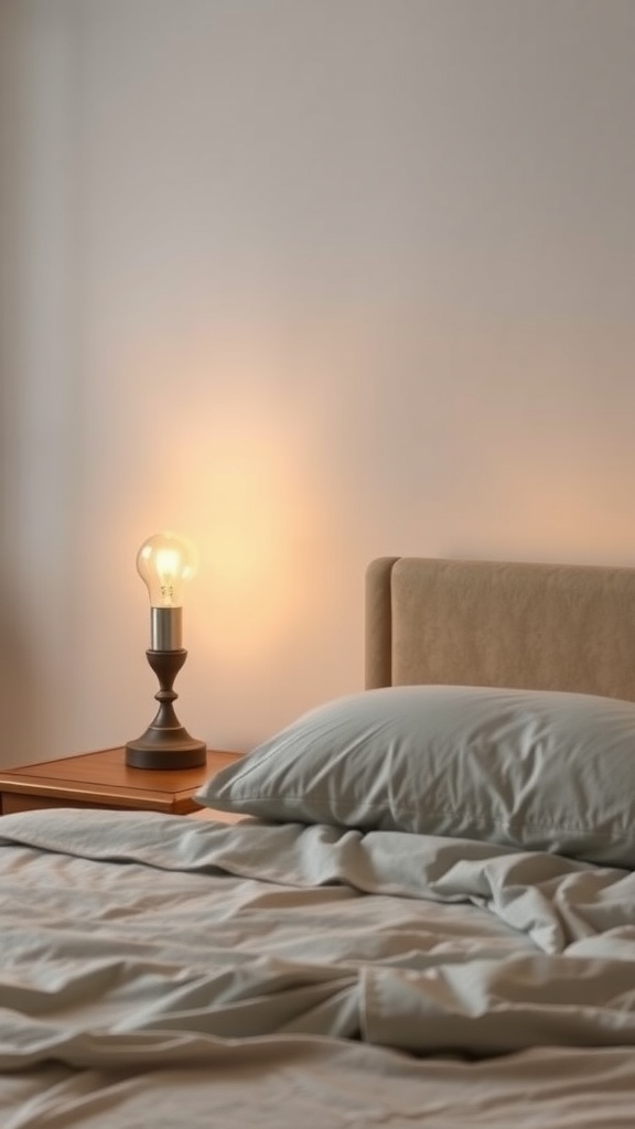 A bedside lamp with a warm light bulb next to a neatly made bed with soft pillows.