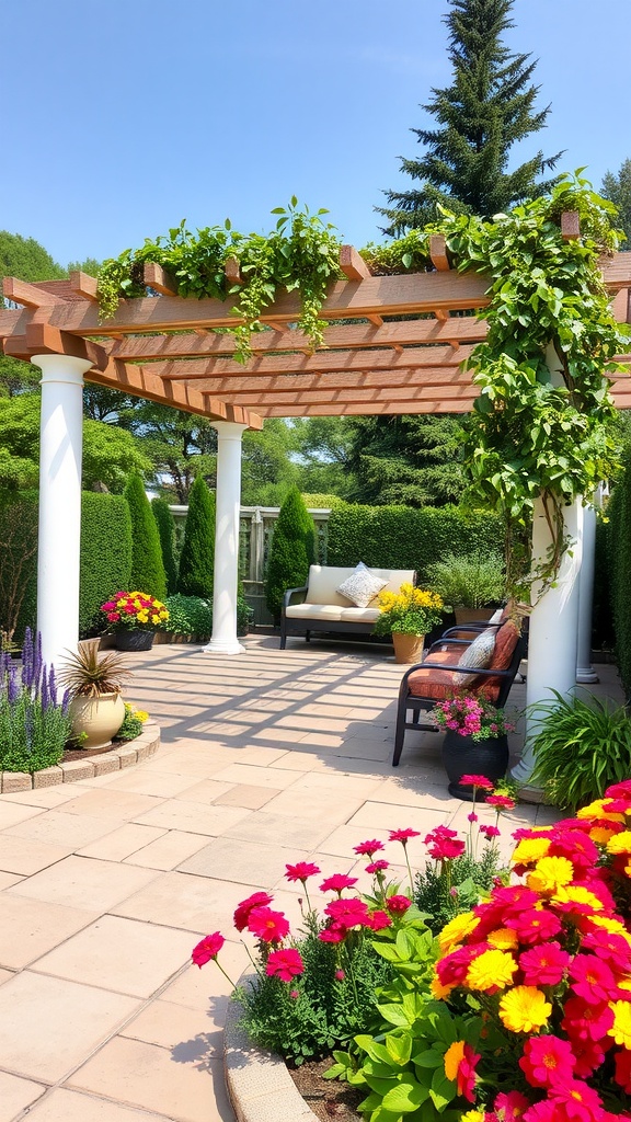 A charming pergola patio with colorful flowers and comfortable seating