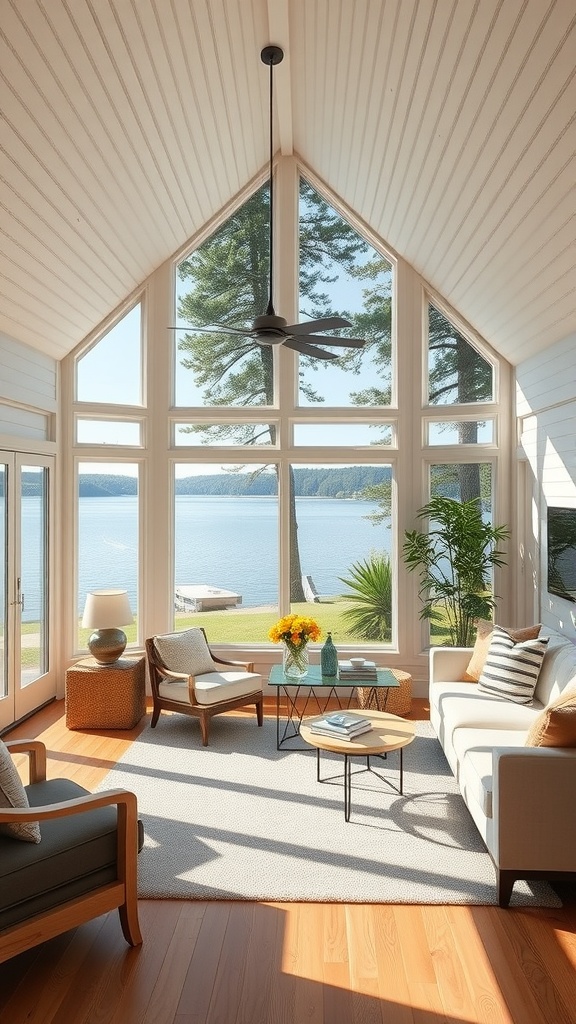 Bright living room with large windows overlooking a scenic lake view