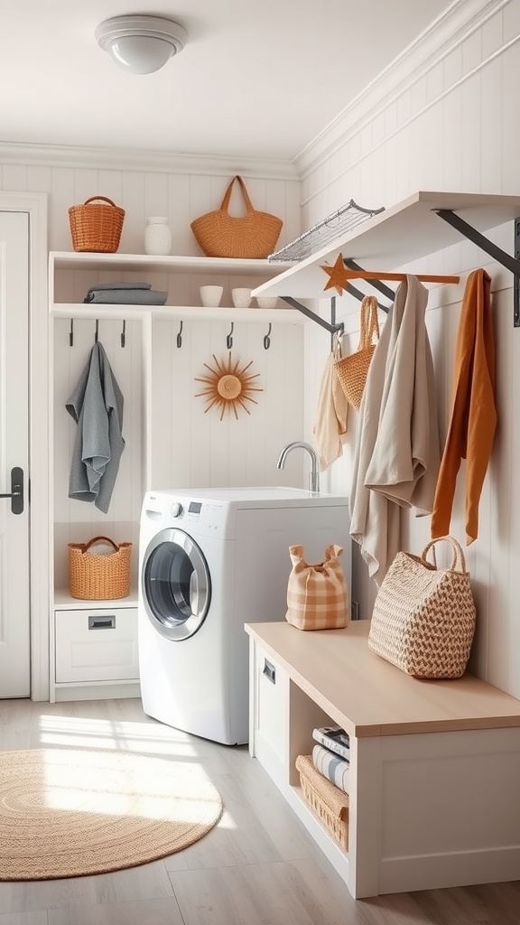 A bright, organized laundry and mudroom hybrid featuring a washer, hanging hooks, storage baskets, and a bench.