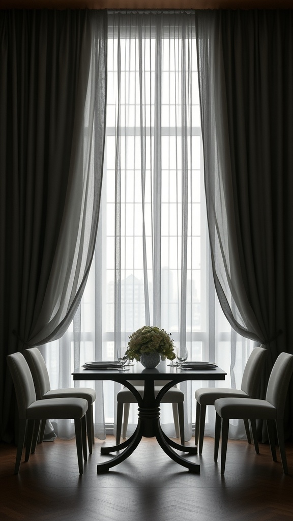 A dining room with layered curtains, featuring sheer and dark fabrics, and a table set for dining.
