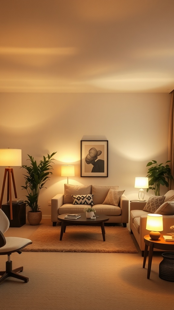 A cozy beige living room with layered lighting, featuring a sofa, coffee table, floor lamp, and plants.