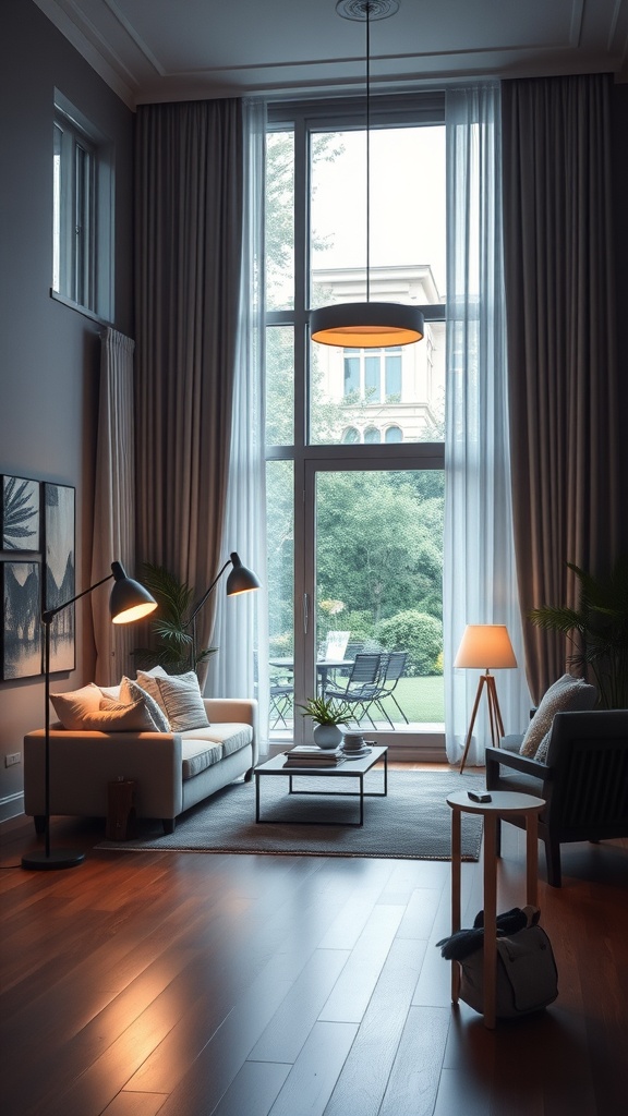 A modern living room with layered lighting, featuring a large pendant light, floor lamps, and natural light from large windows.