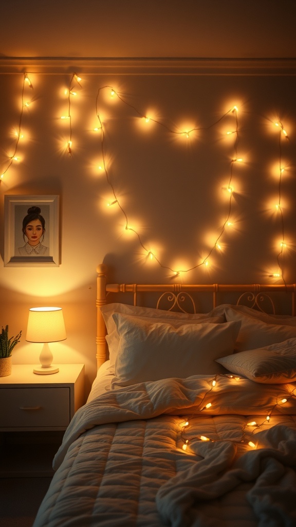 A cozy bedroom with layered lighting including string lights and a bedside lamp, creating a warm atmosphere.