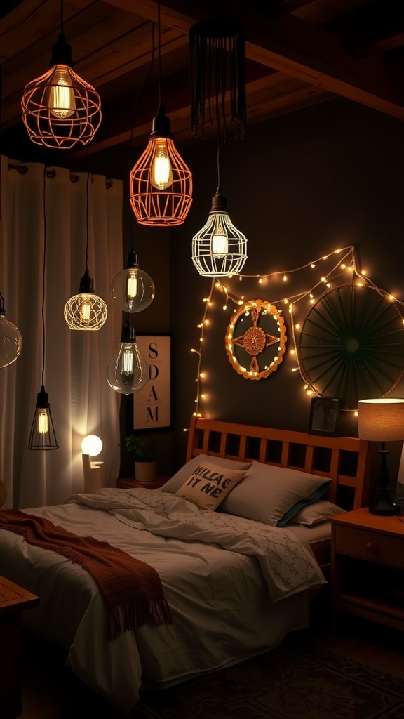 A cozy bohemian bedroom featuring layered lighting with various hanging and table lamps.