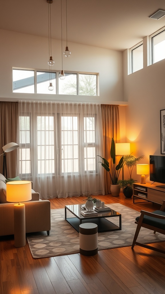 A neutral living room with layered lighting, featuring pendant lights, floor lamps, and natural light from windows.