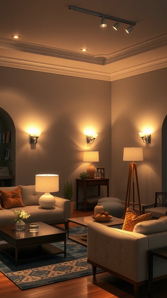 Cozy living room illuminated with various light sources, including ceiling lights, wall sconces, and floor lamps.