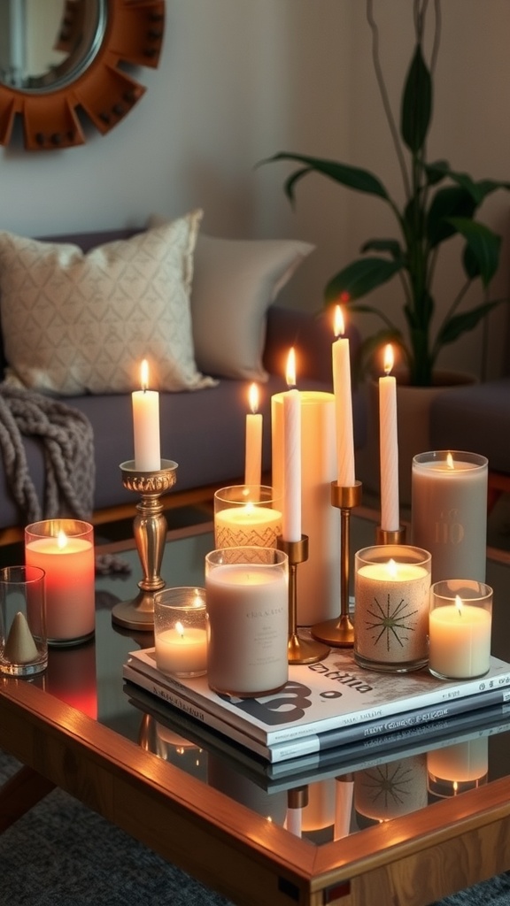 A cozy coffee table with decorative candles of various heights and styles, surrounded by a soft throw and a plant.