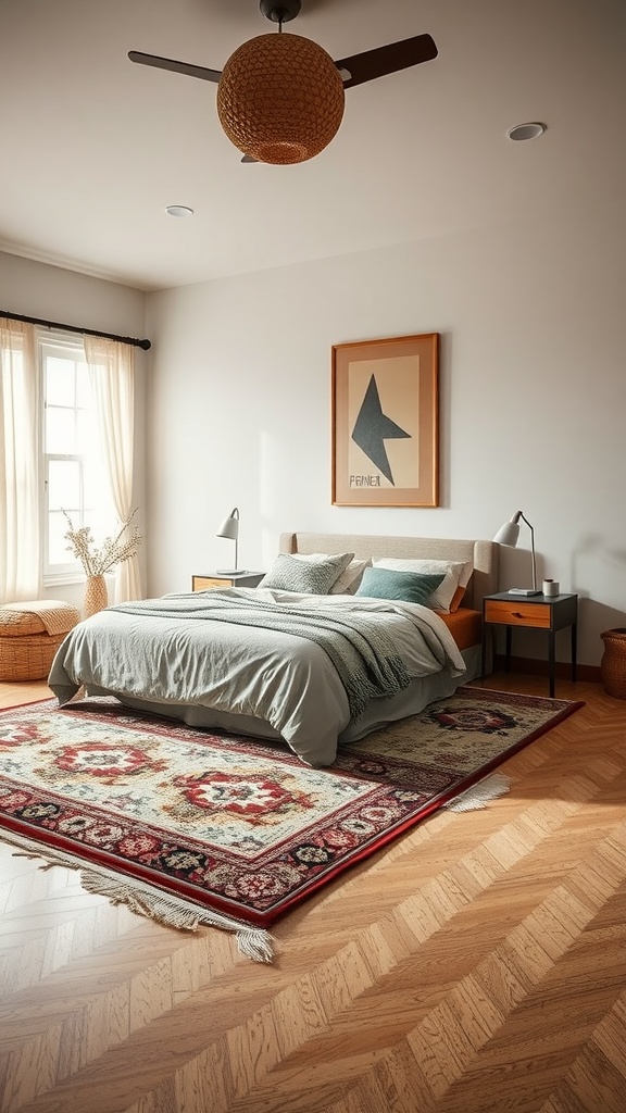 A Japandi-inspired bedroom featuring a layered rug, minimalist furniture, and natural light.