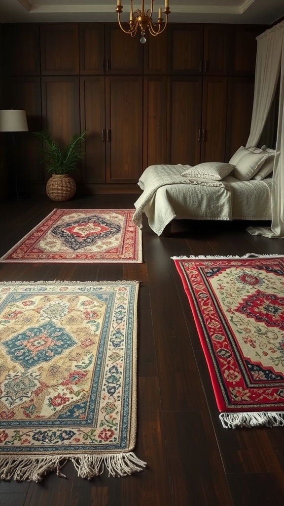 A cozy dark bedroom featuring layered rugs with intricate patterns on a wooden floor.
