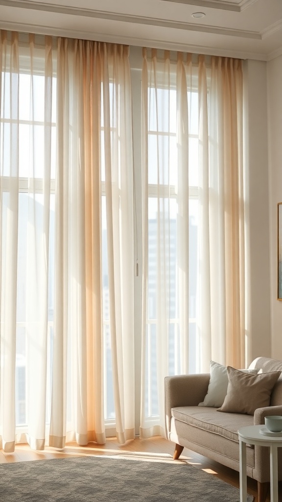 A cozy living room with layered sheer curtains in light peach and cream, allowing natural light to filter through.