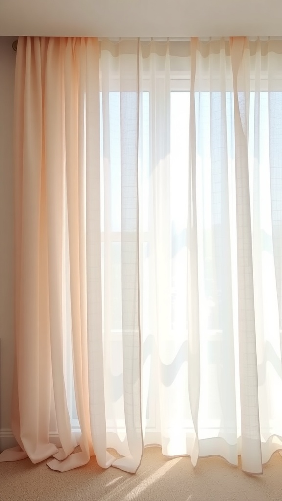 Layered sheer curtains in peach and white colors, softly flowing in front of a window.