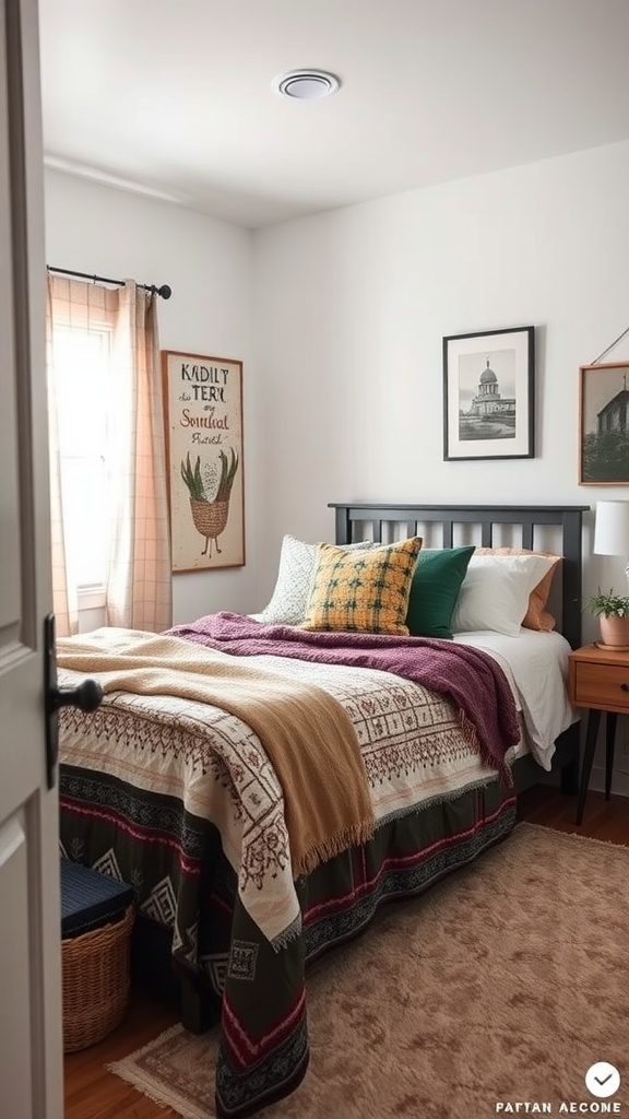 Cozy small guest bedroom with layered textiles including a patterned blanket, purple throw, and colorful cushions.