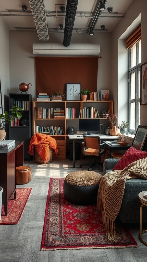 A cozy office space with layered textiles, including colorful throws and patterned rugs, creating a warm atmosphere.