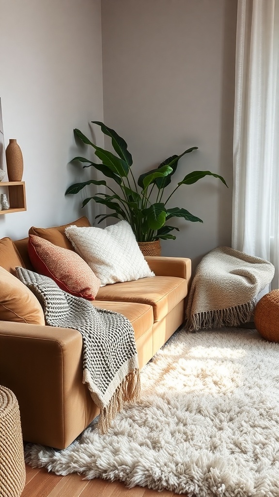 A cozy living room with a warm sofa, layered cushions, a fluffy rug, and a green plant.