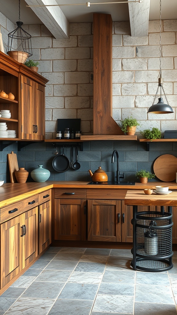 A cozy kitchen featuring wooden cabinets, a stone wall, and modern black fixtures.