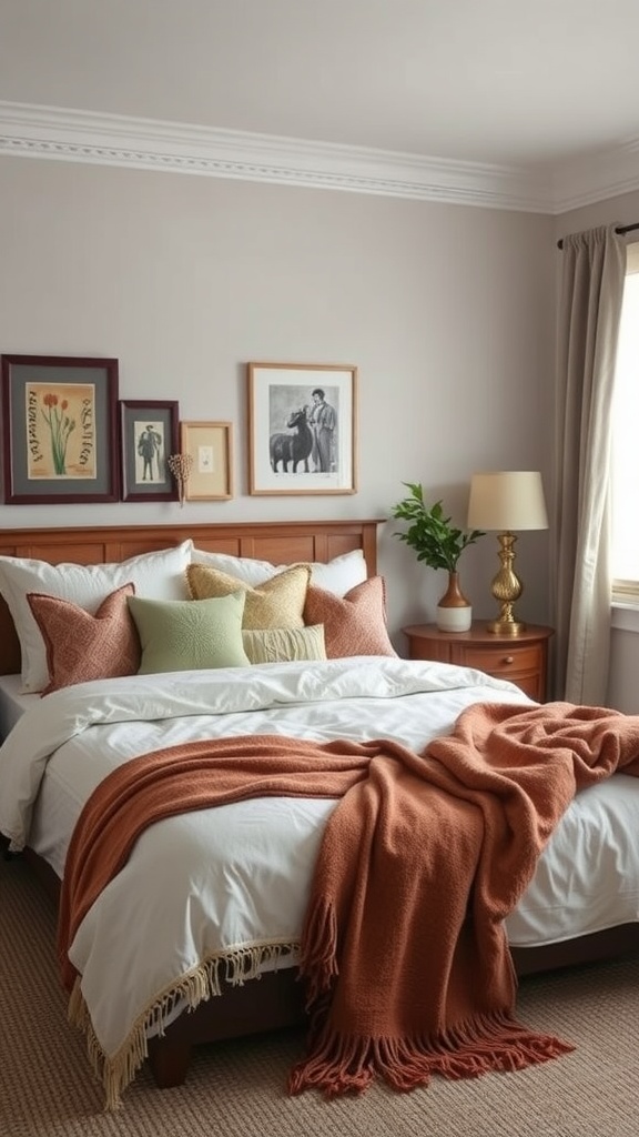 A cozy eclectic bedroom featuring layered textures in bedding and accessories.