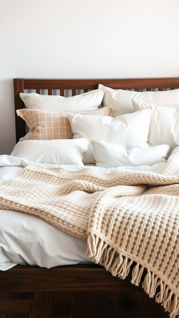 A cozy bed with layered white pillows and a knitted beige throw blanket.