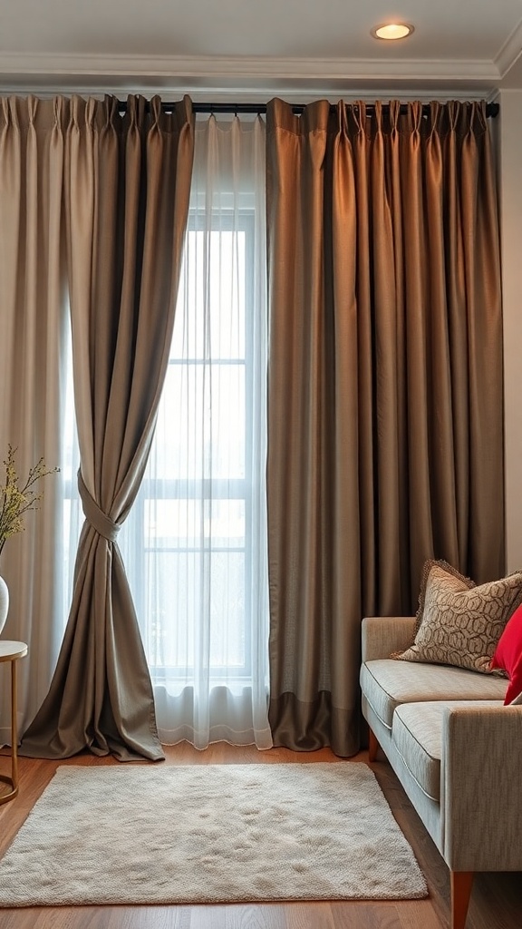 A cozy living room featuring layered curtains with sheer and solid fabrics, a comfortable sofa, and a soft rug.